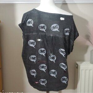 BUY 1 GET 1 FREE- Dark Grey Heather "OMG" Logo Print V Neck Slashed Tee